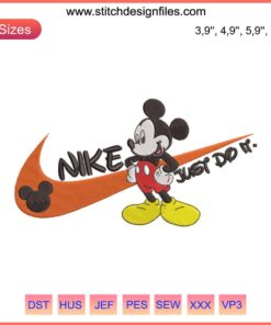 Nike Mickey Mouse Just Do It Logo Embroidery Design, Nike-inspired machine file, creative embroidery, iconic characters integration.
