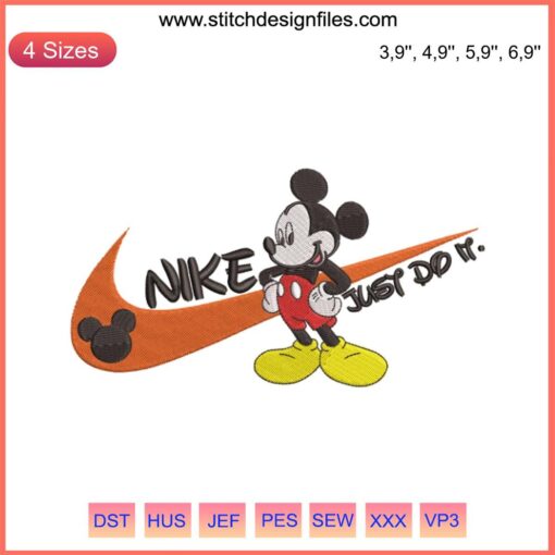 Nike Mickey Mouse Just Do It Logo Embroidery Design, Nike-inspired machine file, creative embroidery, iconic characters integration.