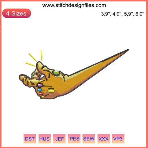 Thanos hand embroidery design featuring Marvel logo-inspired details, machine file, ideal for custom textile projects and crafts.