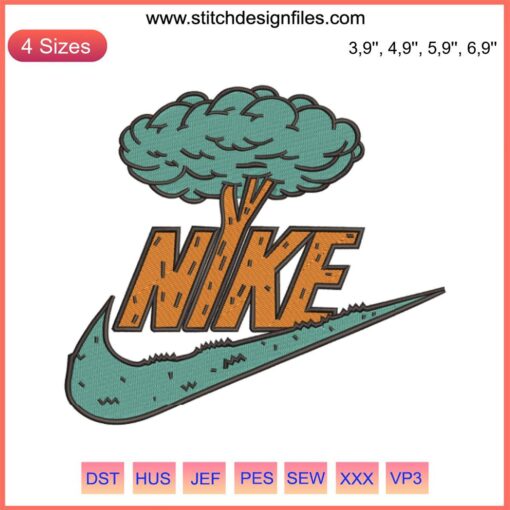 Nike Shape Tree Trunk Logo Embroidery Design | Nike Machine File, showing a detailed tree trunk and Swoosh logo embroidery pattern.