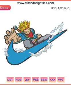 Dragon Ball Super Saiyan Embroidery Design featuring Trunks, Goku, and Frieza. Nike-inspired, machine embroidery file.