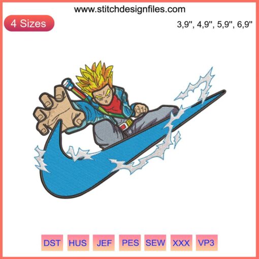 Dragon Ball Super Saiyan Embroidery Design featuring Trunks, Goku, and Frieza. Nike-inspired, machine embroidery file.