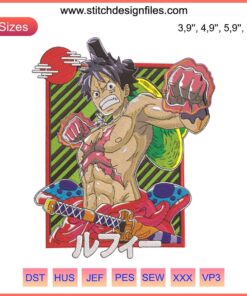 Monkey D. Luffy Wa no Kuni embroidery design, Figuarts Zero, digital file, vibrant anime art, One Piece character embroidery.
