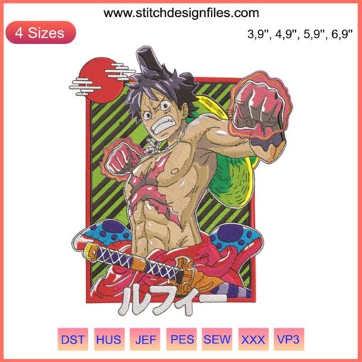 Monkey D. Luffy Wa no Kuni embroidery design, Figuarts Zero, digital file, vibrant anime art, One Piece character embroidery.