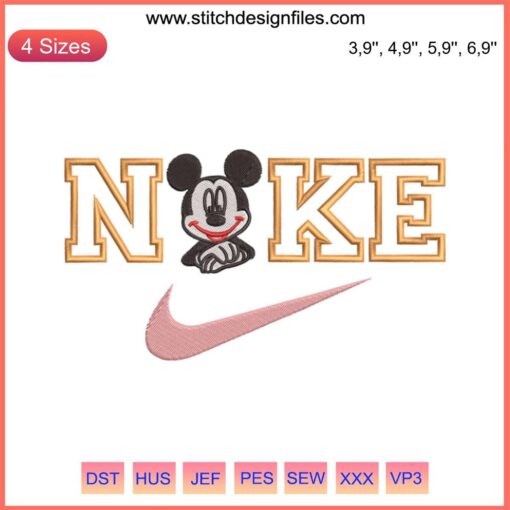 Nike Mickey Mouse Logo Embroidery Design File for Embroidery Machine; features iconic logos, perfect for customizing apparel.