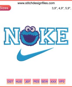Cookie Monster-inspired Nike logo embroidery design for machines, vibrant blue, digital file download for enthusiasts.