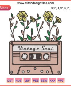 Retro Cassette Tape with Floral Elements Embroidery Design Machine File: Vintage Soul Logo.