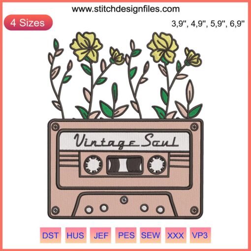 Retro Cassette Tape with Floral Elements Embroidery Design Machine File: Vintage Soul Logo.
