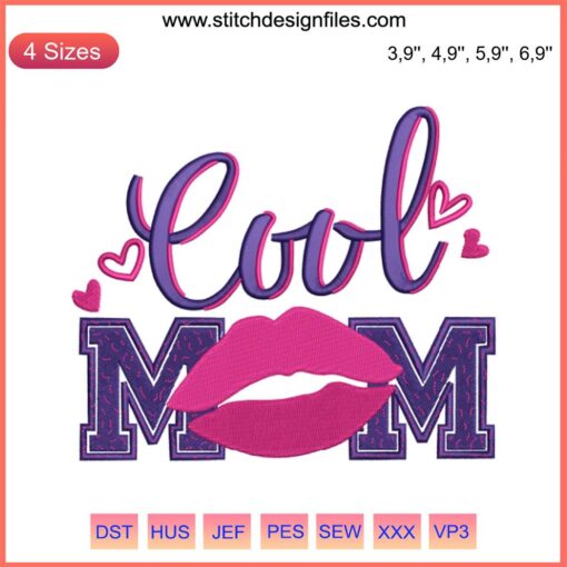 Cool Mom Logo Embroidery Design Machine File, Instant Download - Stylish embroidery pattern for moms, perfect for embroidery projects.