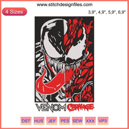 Venom and Carnage logo embroidery design file, instant download, high-quality machine pattern, Marvel comic villains, craft project.