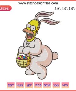 Homer Simpson Bunny Costume Embroidery Design File - Humorous Cartoon Logo, Easter-themed, Digitized Stitch Pattern Download.