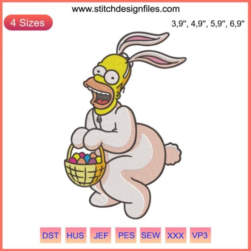 Homer Simpson Bunny Costume Embroidery Design File - Humorous Cartoon Logo, Easter-themed, Digitized Stitch Pattern Download.