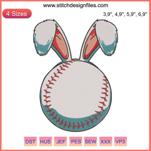 Baseball with Rabbit Ears Logo Embroidery Design File - Fun Embroidery Machine Pattern, Sports-Themed Stitching Design