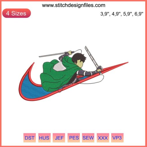 Nike Levi Attack on Titan Logo Embroidery Design File featuring Nike swoosh and Survey Corps emblem. Embroidery design download.