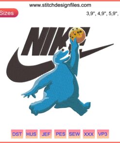 Nike stylized Cookie Monster logo embroidery design file for embroidery machine, featuring vibrant blue embroidery threads.