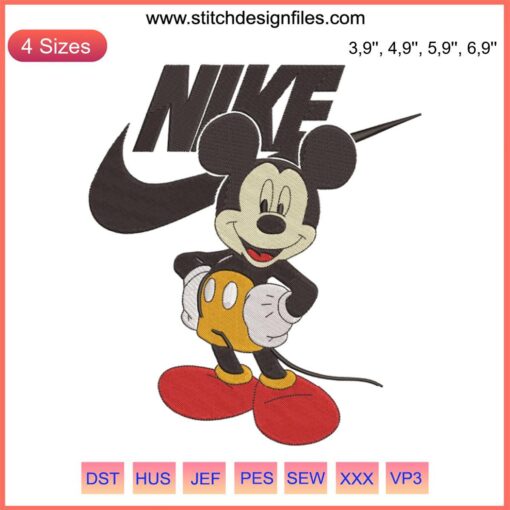 Nike Mickey Mouse logo embroidery design file for embroidery machines, featuring iconic character integration, high-quality stitch pattern.