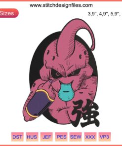 Majin Boo Dragon Ball logo embroidery design file, vibrant pink motif, compatible with embroidery machines.