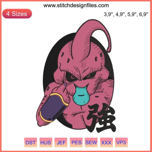 Majin Boo Dragon Ball logo embroidery design file, vibrant pink motif, compatible with embroidery machines.