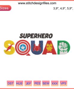 Superhero Squad Embroidery Design File for Embroidery Machine, featuring iconic hero motifs, ideal for DIY craft projects.