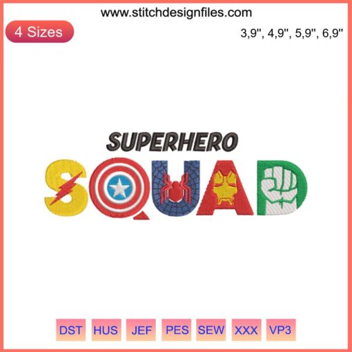 Superhero Squad Embroidery Design File for Embroidery Machine, featuring iconic hero motifs, ideal for DIY craft projects.