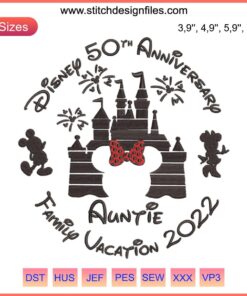 Disney 50th Anniversary Family Vacation 2022 Logo Embroidery, Instant Download: Gold castle, blue text, celebratory theme.