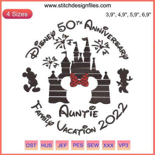 Disney 50th Anniversary Family Vacation 2022 Logo Embroidery, Instant Download: Gold castle, blue text, celebratory theme.