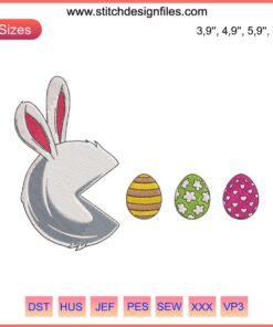 Pac Man Bunny Easter Eggs Embroidery Design | Happy Easter Logo | Fun Easter Embroidery Patterns | Festive Egg Hunt Design File