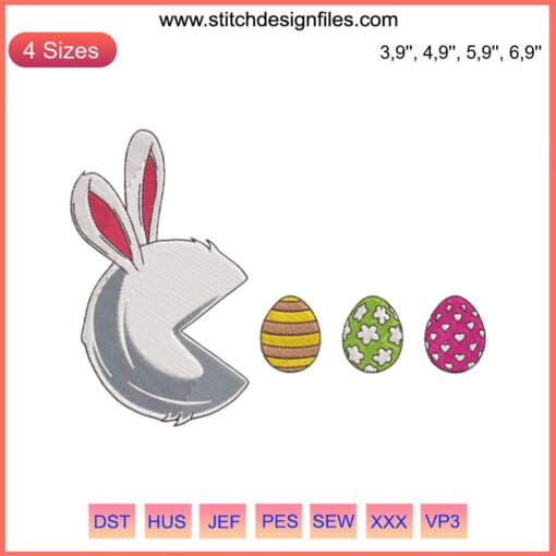 Pac Man Bunny Easter Eggs Embroidery Design | Happy Easter Logo | Fun Easter Embroidery Patterns | Festive Egg Hunt Design File