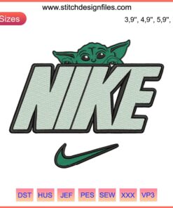 Nike Baby Yoda Logo Embroidery Design File for Embroidery Machines, featuring iconic Nike swoosh and Baby Yoda graphic.