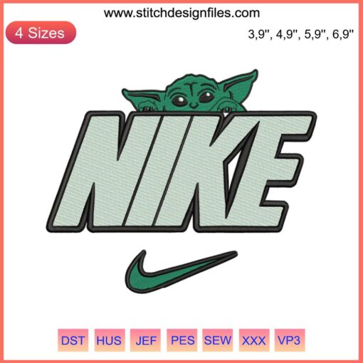 Nike Baby Yoda Logo Embroidery Design File for Embroidery Machines, featuring iconic Nike swoosh and Baby Yoda graphic.