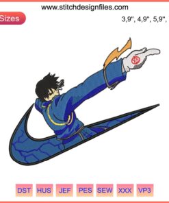 Roy Mustang Fullmetal Alchemist Nike Logo Embroidery Design File featuring iconic Flame Alchemist emblem in Nike-inspired style.