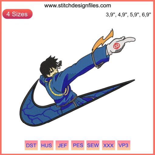 Roy Mustang Fullmetal Alchemist Nike Logo Embroidery Design File featuring iconic Flame Alchemist emblem in Nike-inspired style.