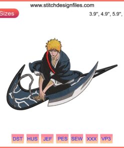 Nike Kurosaki Ichigo Bleach Embroidery Design featuring intricate manga-inspired details for apparel customization.