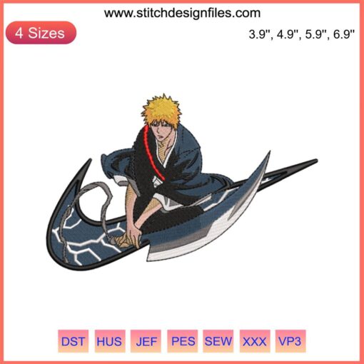 Nike Kurosaki Ichigo Bleach Embroidery Design featuring intricate manga-inspired details for apparel customization.
