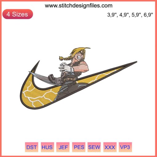 Nike Edward Elric Fullmetal Alchemist Embroidery File | Anime-inspired Nike logo, embroidery design, machine-compatible.