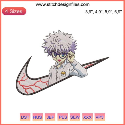 Nike Killua Zoldyck Hunter Embroidery Design File featuring Nike-inspired embroidery pattern for machine use. Ideal for anime fans.