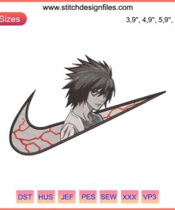 Nike L Lawliet Death Note Embroidery Design File, Nike Inspired, Digital Embroidery Machine Design, Anime Embroidery Pattern