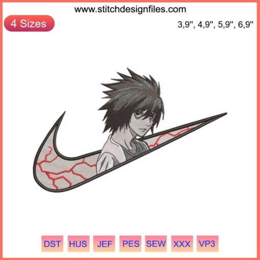 Nike L Lawliet Death Note Embroidery Design File, Nike Inspired, Digital Embroidery Machine Design, Anime Embroidery Pattern