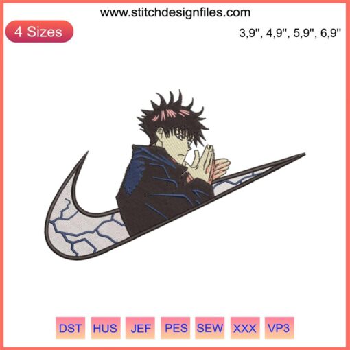Megumi Fushiguro Jujutsu Kaisen Embroidery Design File, Nike-Inspired Logo, Anime-Themed, High-Quality Digital Download.