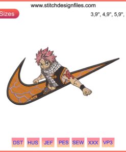 Natsu Dragneel Fairy Tail Logo Embroidery Design, Nike Inspired, features iconic red flame pattern on sleek footwear design.
