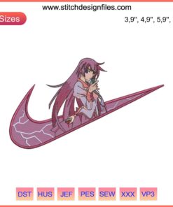 Hitagi Senjougahara Bakemonogatari Logo Embroidery Design File, Nike-inspired, anime-themed stitching pattern.