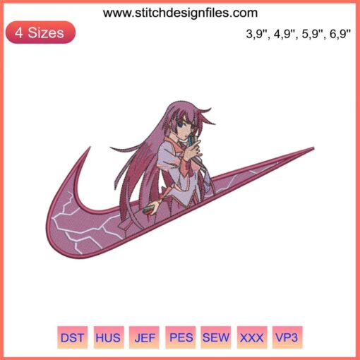Hitagi Senjougahara Bakemonogatari Logo Embroidery Design File, Nike-inspired, anime-themed stitching pattern.