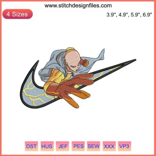 "Nike Saitama Embroidery Design: One Punch Man Anime File, featuring iconic hero in minimalist style, perfect for DIY projects."
