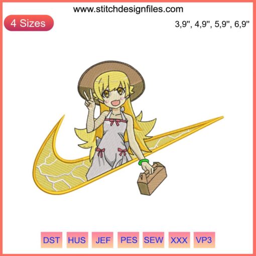 Shinobu Oshino Zoku Owarimonogatari Nike-Inspired Logo Embroidery File: Stylish Anime-Inspired Design for Apparel Customization.