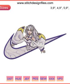 Emilia Re: Zero Logo Embroidery Design File, Nike-Inspired, for Embroidery Machine, Anime-Inspired Design.