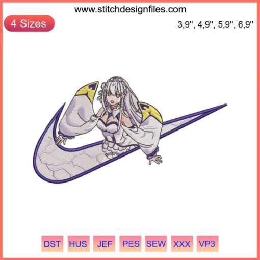 Emilia Re: Zero Logo Embroidery Design File, Nike-Inspired, for Embroidery Machine, Anime-Inspired Design.
