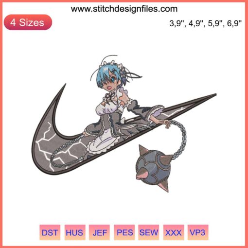 Rem Re: Zero Logo Embroidery Design File: Nike-Inspired, Compatible with Embroidery Machine, Anime-Themed Design