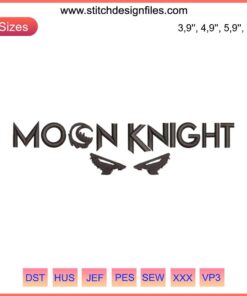 Moon Knight embroidery design file featuring a crescent moon and hooded figure for embroidery machines. Perfect for superhero fans.