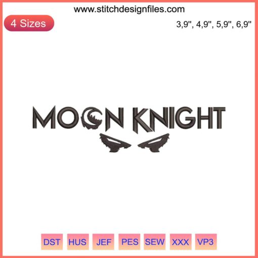 Moon Knight embroidery design file featuring a crescent moon and hooded figure for embroidery machines. Perfect for superhero fans.