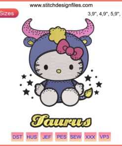 Hello Kitty Zodiac Taurus Embroidery Design File for Machine | Cute Taurus Logo with Hello Kitty Motif | Machine Embroidery Pattern